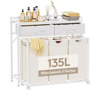 Grande cuve à linge de 135 litres à 3 compartiments, blanche et beige, sur roulettes