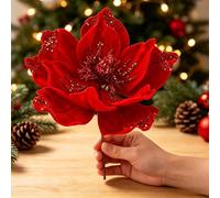 Grande fleur de poinsettia artificielle de Noël de 21,8 cm - Rouge pailleté - Simulation de magnolia - Couronne de sapin de Noël - Décorations de fête de mariage