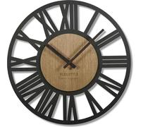 Grande horloge murale Adulto 50 cm de diamètre LOFT rétro en bois de chêne sans tic-tac Salon (noir/chêne)