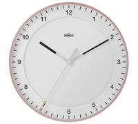 Grande horloge murale analogique radiocommandée classique Braun pour fuseau horaire d'Europe centrale (DCF/GMT+1) avec mouvement de balayage silencieux, facile à lire, rose et blanc, modèle BC17PW-DCF