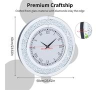 Grande horloge murale miroir - Horloge murale ronde de 60 cm - Cadre en cristal et diamant synthétique - Design moderne - Verre et cristal - Idéale pour le salon et la cuisine