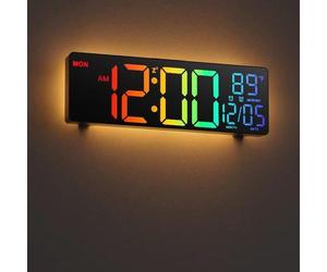 Grande horloge murale numérique, 11 pouces, télécommande, double réveil, 8 couleurs RVB, grand écran LED, luminosité automatique, date, passage automatique à l'heure d'été, température