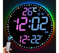 Grande horloge murale numérique avec écran LED et télécommande, avec 12 couleurs RVB, luminosité automatique, affichage de la température, date, jour de la semaine et double alarme pour salon, chambre