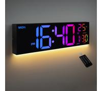 Grande horloge murale numérique de 16 pouces, grand écran LED avec télécommande, 8 couleurs RVB, alarme, DST, température pour salon, cuisine Black