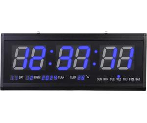 Grande horloge murale numérique LED 220V, 48×19 cm, chiffres bleus, heure/température/date/jour de la semaine, variateur automatique, silencieuse, montage sur table & mural