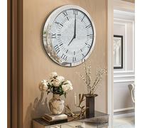 Grande horloge murale Vrygle 60 cm, argentée, motif diamant en cristal, horloge silencieuse pour le salon avec chiffres romains, décoration murale fonctionnant à piles