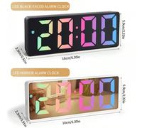 Grande horloge numérique LED moderne avec affichage de la date et de la température - Cadre blanc avec cadran miroir noir, mode 12/24 heures, fonction de répétition, alimentée par batterie/courant con