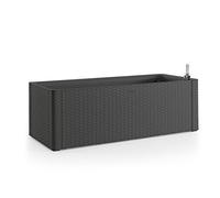 Grande jardinière en plastique et rotin - Anthracite.Réservoir d’eau avec indicateur de niveau d'eau.Dimensions L x P x H en cm : 100 x 43 x 33 cm.