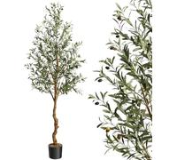 Grande Olivier Artificiel 180cm, Arbre Artificiel d'intérieur,Faux Olivier en Soie en Pot,avec Tronc en Bois Naturel et Fruits Réalistes,pour la Maison, Bureau et Salon