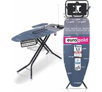 Grande planche à repasser XXL pour centrale vapeur, dimensions 130x48 cm, couleur gris Sydney. Réglable en hauteur, pliable, avec prise électrique, planche à manches et étagère, revêtement réfléchissa