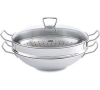 Grande poêle wok en acier inoxydable 36 cm - sans revêtement avec couvercle en verre & cuit-vapeur pour les plats asiatiques