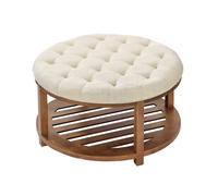 VEVOR Grande table basse ronde capitonnée en lin, 810 mm, repose-pieds rembourré avec étagère de rangement en bois massif, capacité de poids 158,76 kg, pour chambre à coucher, salon, couleur lin