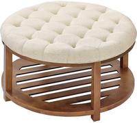 Grande table basse ronde ottomane, table basse capitonnée de 81 cm avec étagère de rangement en bois massif, repose-pieds ottoman rembourré en lin massif pour chambre à coucher ou salon, 350 lb, coule