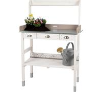 Grande table de jardin blanche avec 3 tiroirs en bois, résistante aux intempéries, table de travail XL pour l'extérieur, idéale pour le jardin, le balcon, de haute qualité. Table de jardin, dimensions