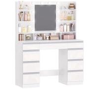Grande table de maquillage avec éclairage LED réglable – 1 grand tiroir et 8 petits tiroirs – 9 étagères ouvertes – Finition blanche et dorée