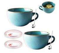 Grande Tasse à Café, Mug en Céramique, Tasse à Cappuccino 700ml, Lot de 2 Tasses à Muesli pour le Petit Déjeuner Avec Anse, Saladier Adapté au four à Micro ondes (Bleu)