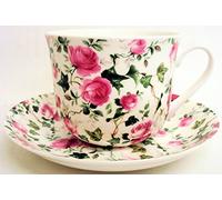 Grande tasse et soucoupe pour petit déjeuner en porcelaine Motif fleuri Décorées à la main Motif Roses et lierre