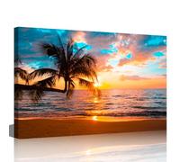 Grande toile décorative murale,Motif coucher de soleil, océan, plage, vagues, cocotier, paysage, œuvre d'art pour décoration de bureau, maison tendue et encadrée,Prête à être accrochée,60x90 cm
