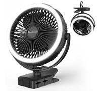 GRANDFAST Ventilateur à piles 10 000 mAh, ventilateur portable à clipser de 20,3 cm avec crochet et lumière, ventilateur de bureau rechargeable USB-C pour camping, voyage, travail, chambre à coucher