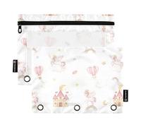 Grands sacs à crayons avec fenêtre transparente de dessins animés mignons licornes de pêche, sacs à crayons de grande capacité, 3 anneaux pour fournitures de bureau, école