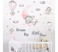 Grands Stickers Muraux Éléphants Roses ¿ Éléphants Mignons Avec Lune Grise, Étoiles Et Nuages Pour La Décoration De La Chambre D'enfant