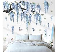 Grands stickers muraux fleurs bleues - Décoration florale avec des vignes pour la chambre, le salon et l'arrière-plan du téléviseur