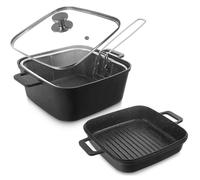Granit-Topf GRANDE - 2 + 4 litres - Couvercle en verre - Poêle grill - Panier - Ensemble de 4 pièces - Noir