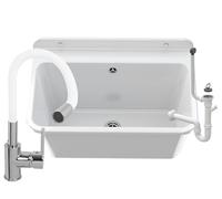 Granitan Lavabo universel, pour garage, cave, atelier, avec siphon, bac d'égouttement, montage mural, en polypropylène, 61 x 41 x 30 cm, blanc + robinet de lavabo FLEX