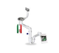 GRANMASTER Siphon Évier de cuisine Manuel 1 chambre Siphon compact - Syphon - Bonde d'écoulement pour évier - Fabriqué en Italie - Raccordement par le dessous : 1 1/2" Panier-crépine Valve excentrique