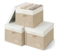 GRANNY SAYS Grande Boite de Rangement avec Couvercle, Lot de 3 Boîtes Rangement Pliable, Boîte de Rangement Vetement Étagères, Paniers et Boîtes de Rangement Rectangulaire pour Placard, Blanc Kaki