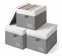 GRANNY SAYS Grande Boite de Rangement avec Couvercle, Lot de 3 Boîtes Rangement Pliable, Boîte de Rangement Vetement Étagères, Paniers et Boîtes de Rangement Rectangulaire pour Placard, Blanc Gris