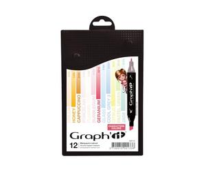 GRAPH’IT Marker Set de 12 marqueurs à alcool double pointe pour dessin de manga et illustration, pointe fine et biseautée - Set Manga 2