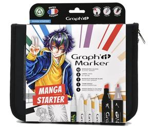 GRAPH’IT Marker trousse Essentiels Manga de 12 marqueurs à alcool double pointe pour dessin de manga et illustration, pointe fine et biseautée +3 liners noirs +1 marqueur blanc +1 trame manga A6