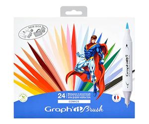 GRAPH’IT Marqueurs Couleurs - Set de 24 Marqueurs à Alcool Double Pointe - Illustration, Manga, Comics - Pointe Extra-Fine et Pinceau - Couleurs Éclatantes et Rechargeables - Brush Marker