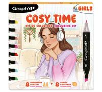 GRAPH'IT COSY COLO GIRLZ - Kit Tout-en-Un de Coloriage Cosy avec 8 Marqueurs à Alcool et 8 Planches à Colorier - Coffret Créatif Relaxant pour Moments de Détente et de Bien-Être