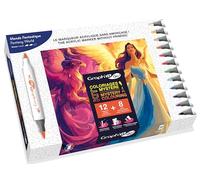 Graph'it Go - Kit Coloriage Mystère 12 marqueurs acryliques sans amorçage, double pointe pinceau et fine + 8 cartes A4 de coloriage mystère à colorier - Set Monde Fantastique
