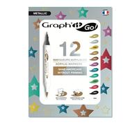 GRAPH'IT GO - Set de 12 marqueurs acrylique sans amorçage, double pointe pinceau et fine - METALLIC