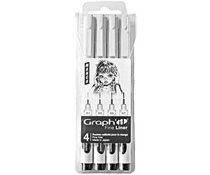 Graph'it - Pochette de 4 Feutres à Pointes Calibrées - Fine Liner - Encre Pigmentée à Base d’Eau - Résistante à la Lumière et au Gommage - Noir Manga Assortiment 0.1-0.3 - 0.5-0.7