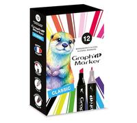 Graph'it - Set de 12 Markers à Alcool Double Pointe : Fine et Biseautée pour Dessin de Manga, Illustration, Colorant, Esquisse, Écriture - Rechargeables - Set Classic