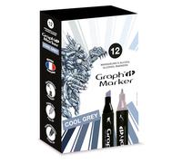 Graph'it - Set de 12 Markers à Alcool Double Pointe : Fine et Biseautée pour Dessin de Manga, Illustration, Colorant, Esquisse, Écriture - Rechargeables - Set Cool Greys