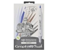 Graph'it - Set de 12 Marqueurs à Alcool Double Pointe : Extra-fine et Pinceau - Dessin de Manga et Illustration - Professionnel et Débutant - Série Mix Greys