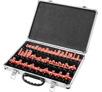GRAPHITE Fraises Widia, fraises à fourche, queue 8 mm, insert en métal dur (HM), jeu de 35 pièces, pour le bois, coffret en aluminium, 13 fraises à rainurer en U, 6 fraises droites, 3 fraises de forme