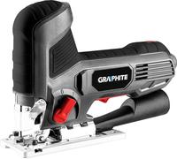 GRAPHITE Scie sauteuse 600W, nombre de courses 800-3000 tr/min, inclinaison du pied 0-45º. droite/gauche, accessoires : guide, clé spéciale, lame de scie, aspiration de poussière. Poids 1,72 kg