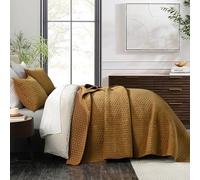Grassix Parure de lit en Velours pour très Grand lit, Couette en Velours léger pour Toutes Les Saisons, Couvre-lit au Point de Croix avec 2 taies d'oreiller, Caramel doré