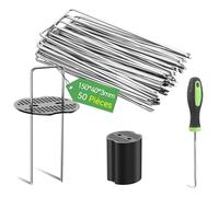 Graxury 50Pcs 15cm Piquets de Jardin Robustes Ø 3mm avec 50Pcs de Joint - Agrafes en Acier Galvanisé pour Fixer Toiles Anti-Mauvaises Herbes, Filets et Les Tubes avec 1 Crochet de Ramassage