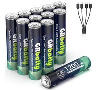 GRbatty 12 Piles AAA Rechargeables Lithium, 1,5V 1200mWh, Câble USB-C | Charge directe, Charge rapide 1 h, Pour télécommandes, horloges murales, réveils, stations météo, thermomètres hygromètres