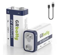 GRbatty Pack de 2, Pile 9V Rechargeable Lithium ION, 650mAh, Charge Rapide
