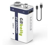 GRbatty Pile 9V Rechargeable Lithium 650mAh Haute Capacité, Pile 9V Rechargeable USB C pour Détecteur de Fumée, Jouets Électroniques, 1,5 Heures de Charge Rapide, avec Câble de Charge