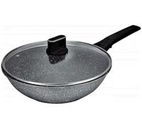 GREBLON poêles Wok façon Pierre avec couvercle de Haute qualités Anti-Adhérente Compatible Tous Feux 100% Induction adapté au Four grâce à sa Manche Amovible Ø 28 cm noir Moucheté