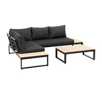 greemotion Ensemble Salon de Jardin Rio, Set de 2 Fauteils et Table en Bois d’Acacia FSC® 100%, Cadre Aluminium, Coussins en Polyester Inclus, Gris/Bois/Noir